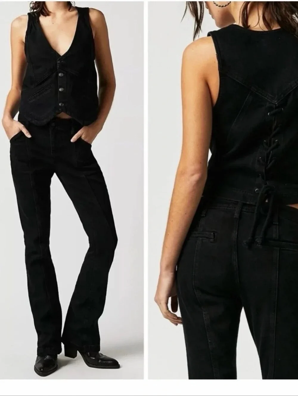 Free People Black Denim Vest With Tie Back